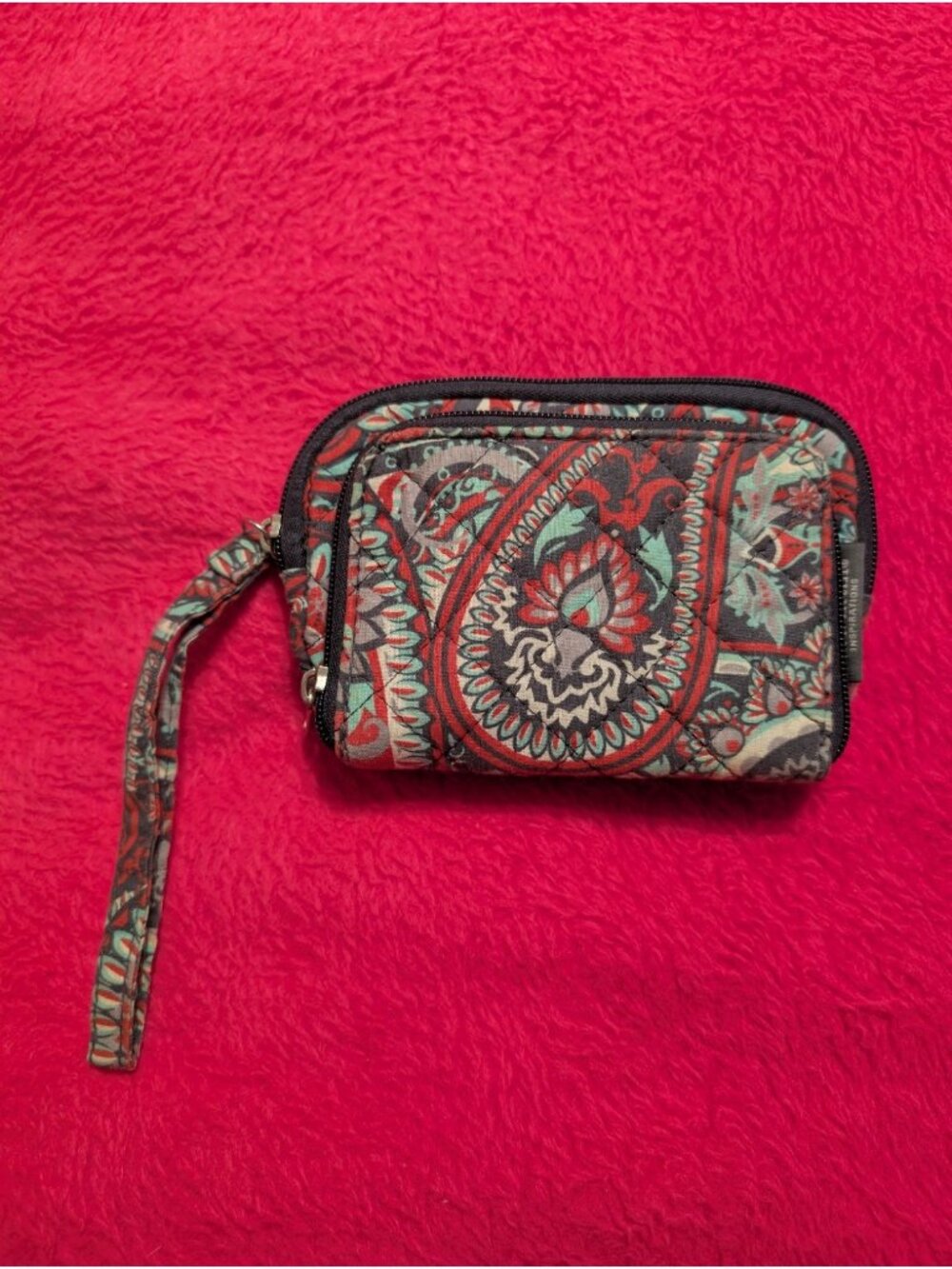 Waverly Inspirations Teal Red Paisley Quilted Fabric Wristlet Wallet Organizer